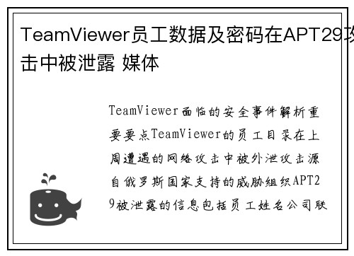 TeamViewer员工数据及密码在APT29攻击中被泄露 媒体